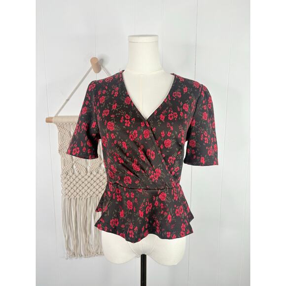 Anthro Meadow & Rue Heartland Floral Faux Wrap Peplum Top Size XS Black Red - Picture 4 of 12